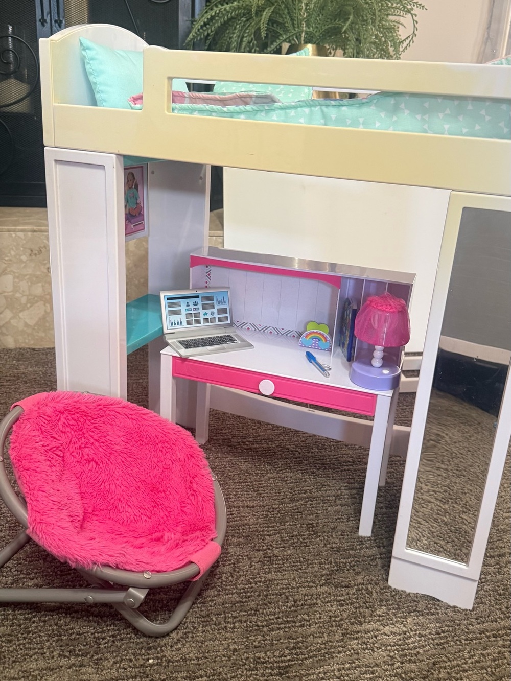 My Life As White Pink & Blue Loft Bed with Pink Fuzzy Papasan Chair Desk - Picture 2 of 14